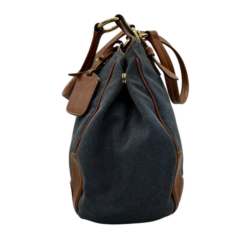 PRADA Prada Logo Jacquard Tote Bag Shoulder Denim Leather Blue Brown Gold Har... - Picture 5 of 16